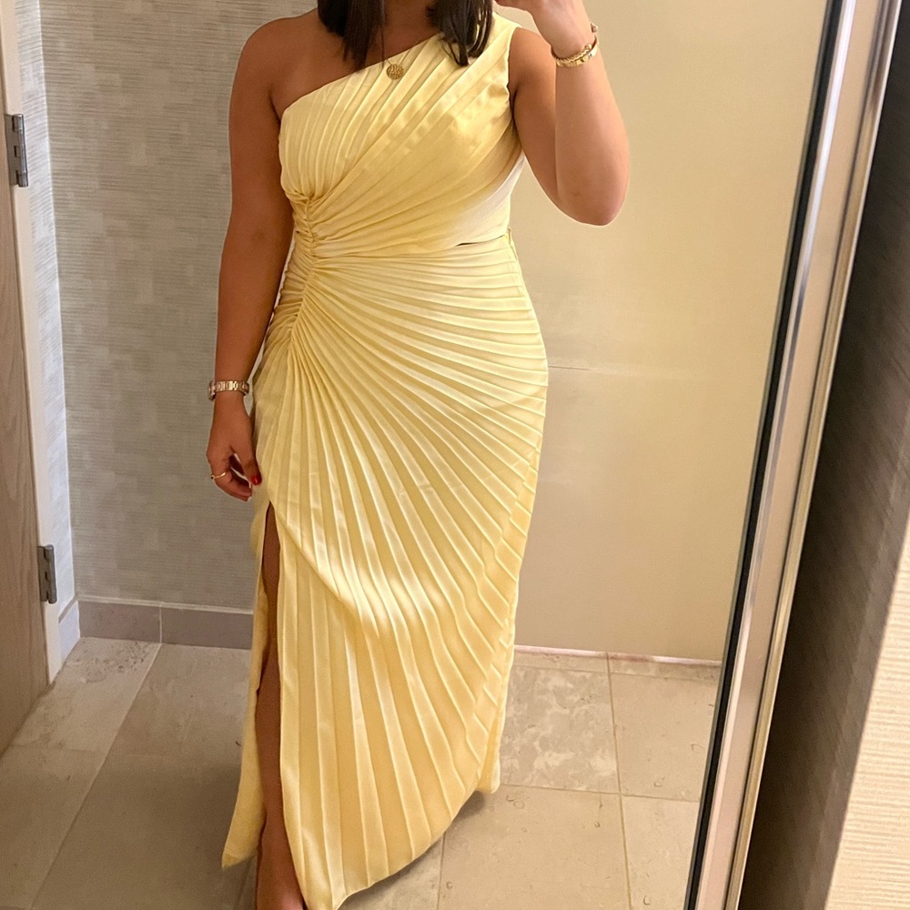 Giselle pleated one shoulder cutout Maxi dress.